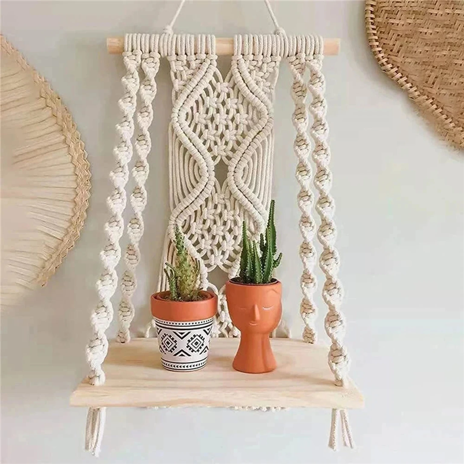 Handicraft Macrame Wall Hanging Shelf Macrame Cotton Floating Shelf Boho Plant Hanger (0 inch X 0 inch, White)