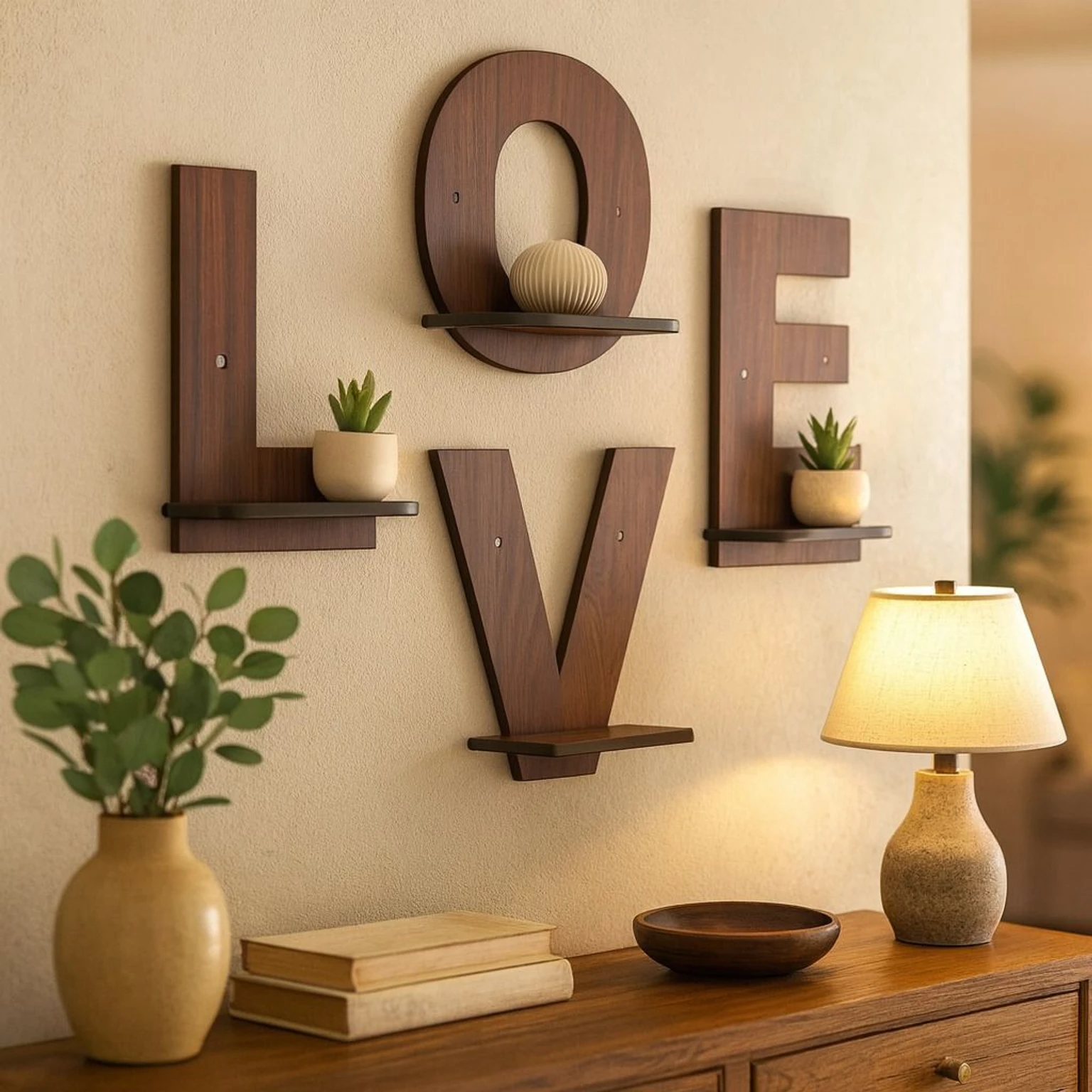 LOVE Wooden Wall Shelves | Floating Decorative Shelves for Home Decor Pack of 4 (19.5 cm X 23.75 cm, WoodBrown-05)