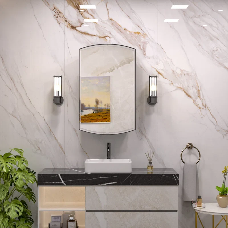 Curved Design Mirror Cabinet with Side Storage Shelves