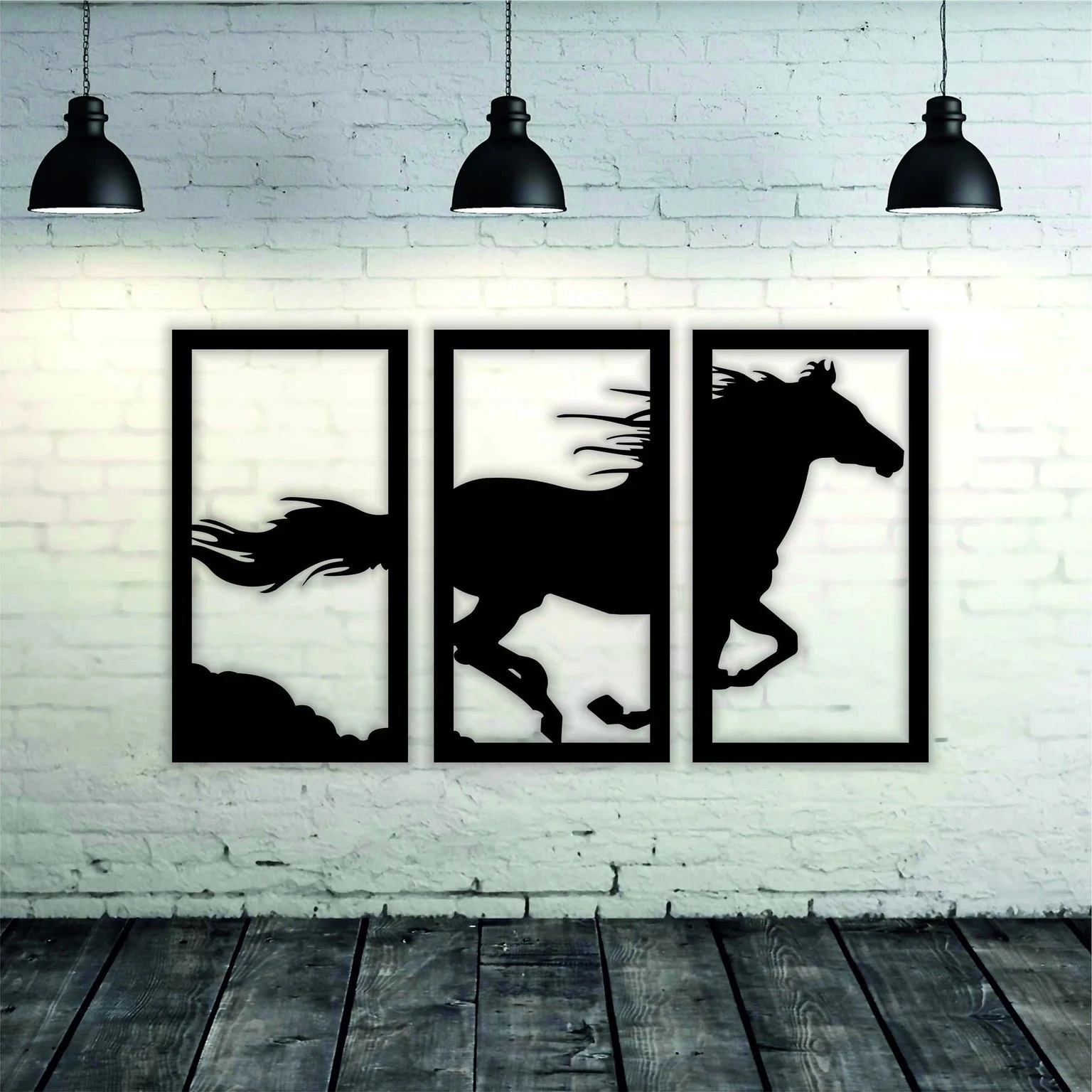 Modern Running Horse 3 Panel Wall Frame Pack of 3 (12 inch X 20 inch, Black)