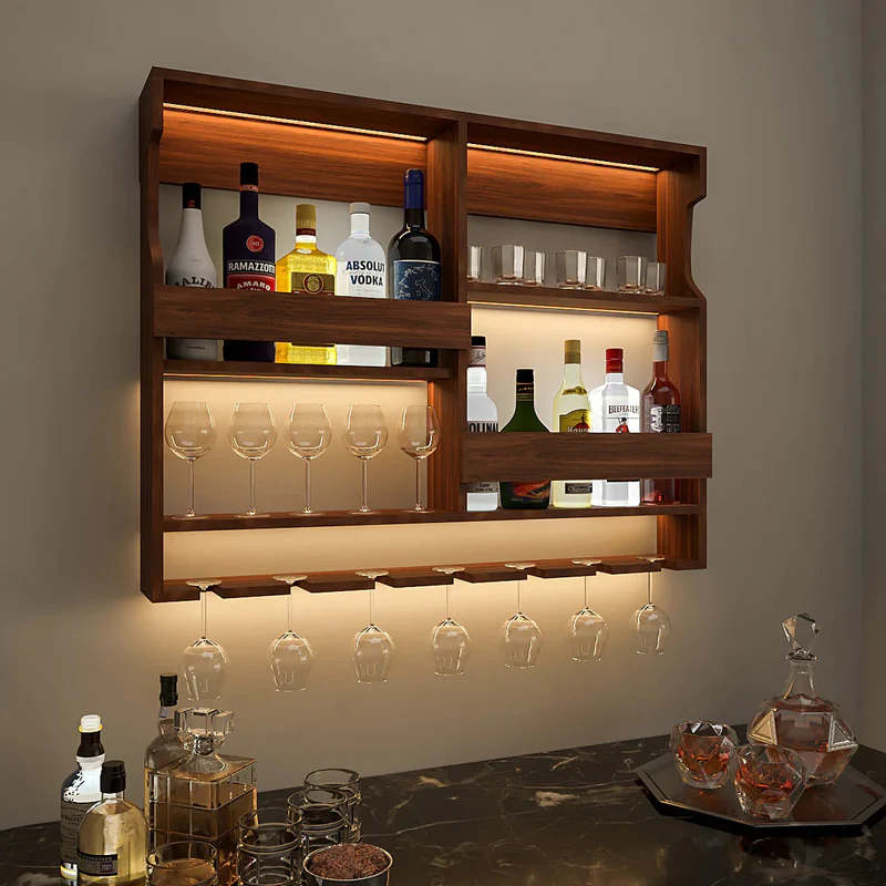 uxurious Style Backlit Walnut Finished Mini Bar Shelf