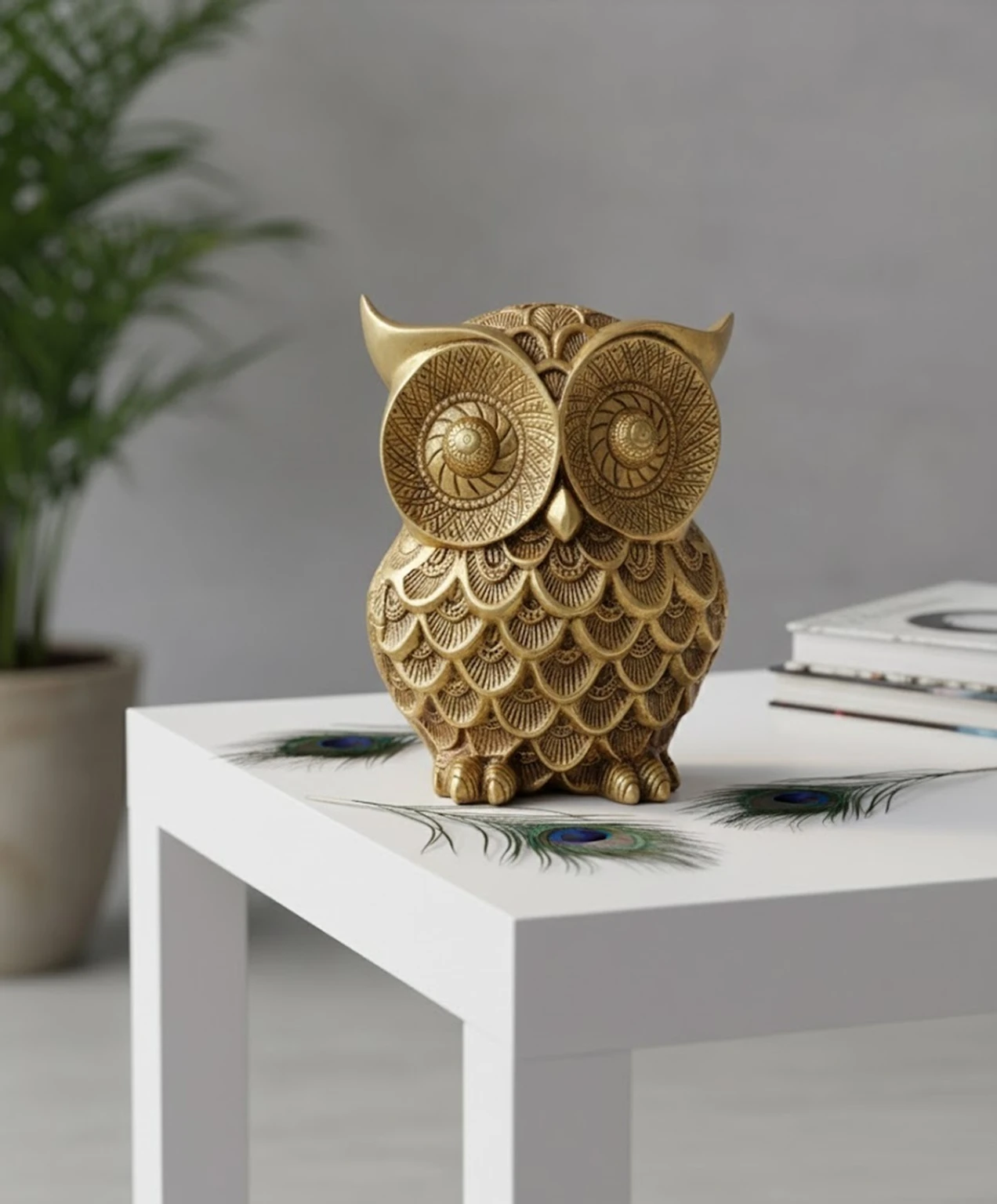 Pure Brass Owl Statue for Home & Vastu Décor | Handcrafted Decorative Owl Decorative Showpiece  -  18 cm (Brass, Gold)
