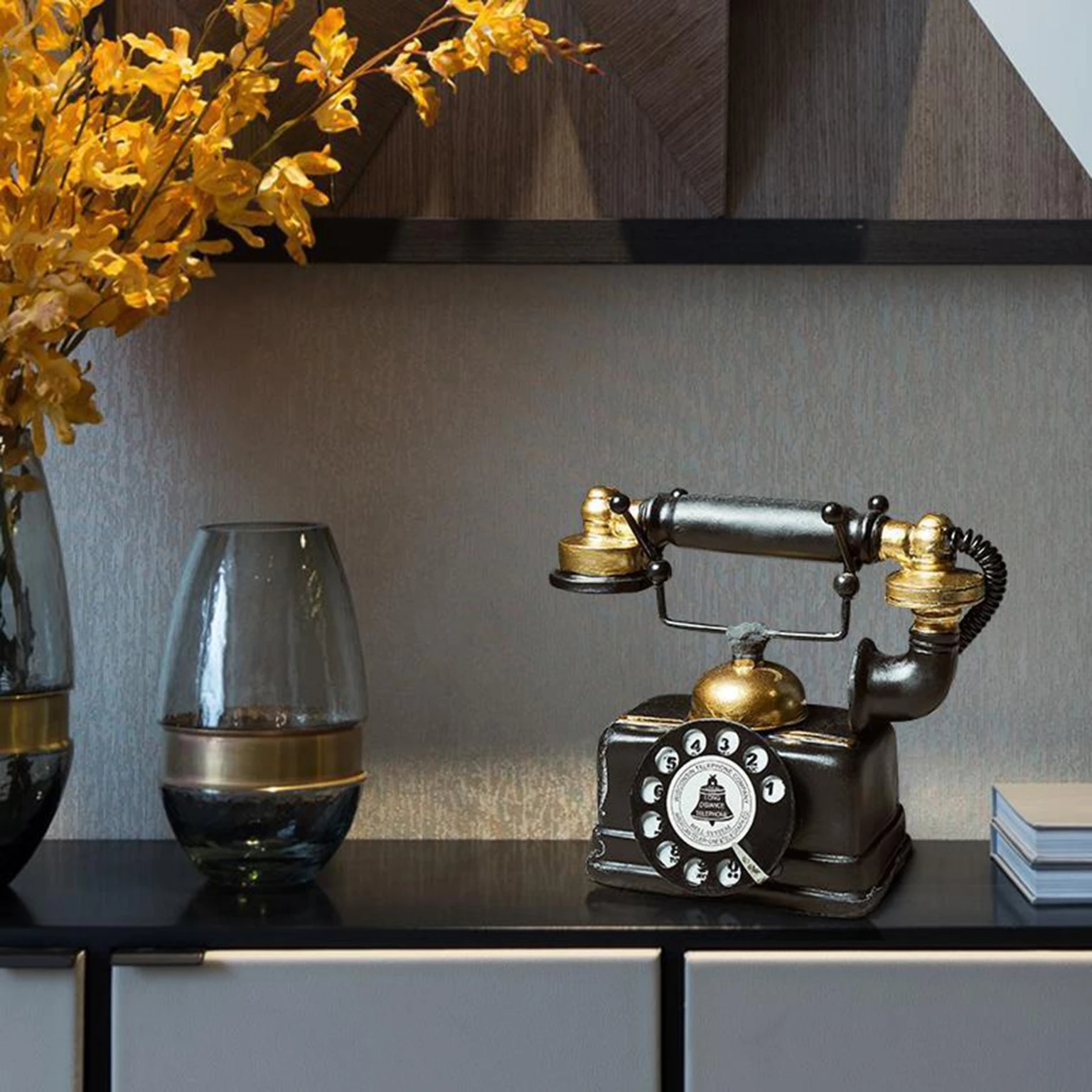 European Retro Telephone Decorative Showpiece  -  16 cm (Wood, Black)
