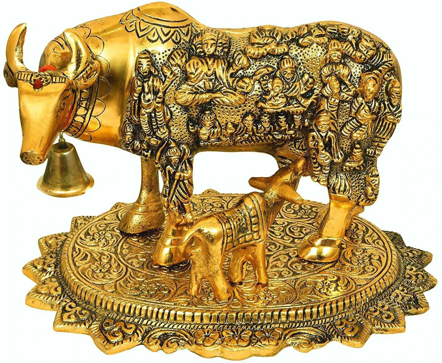 Divine Edge Mini Kamdhenu Cow & Calf Idol Decorative Showpiece  -  18 cm (Metal, Gold)