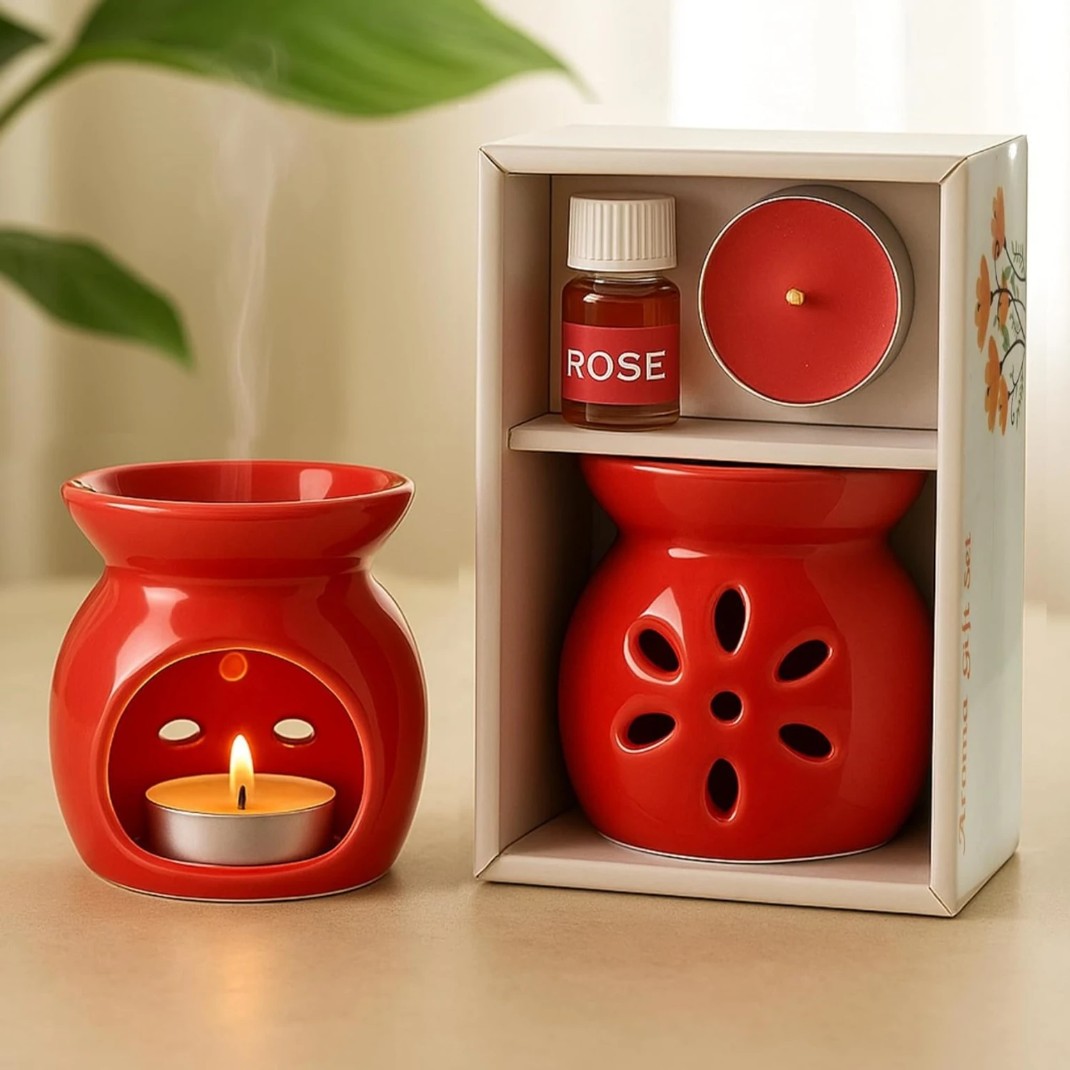 Red Ceramic Aroma Oil Burner Gift Set with Rose Fragrance Oil & Tealight Candle Candle (Red, Pack of 1)