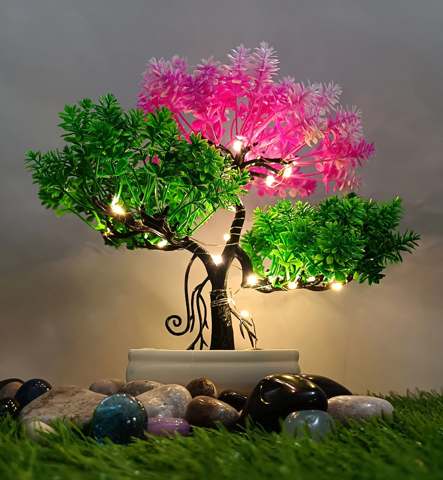 pack of 3 artificial plant with led Bonsai Artificial Plant  with Pot (24 cm, Pink, Green)